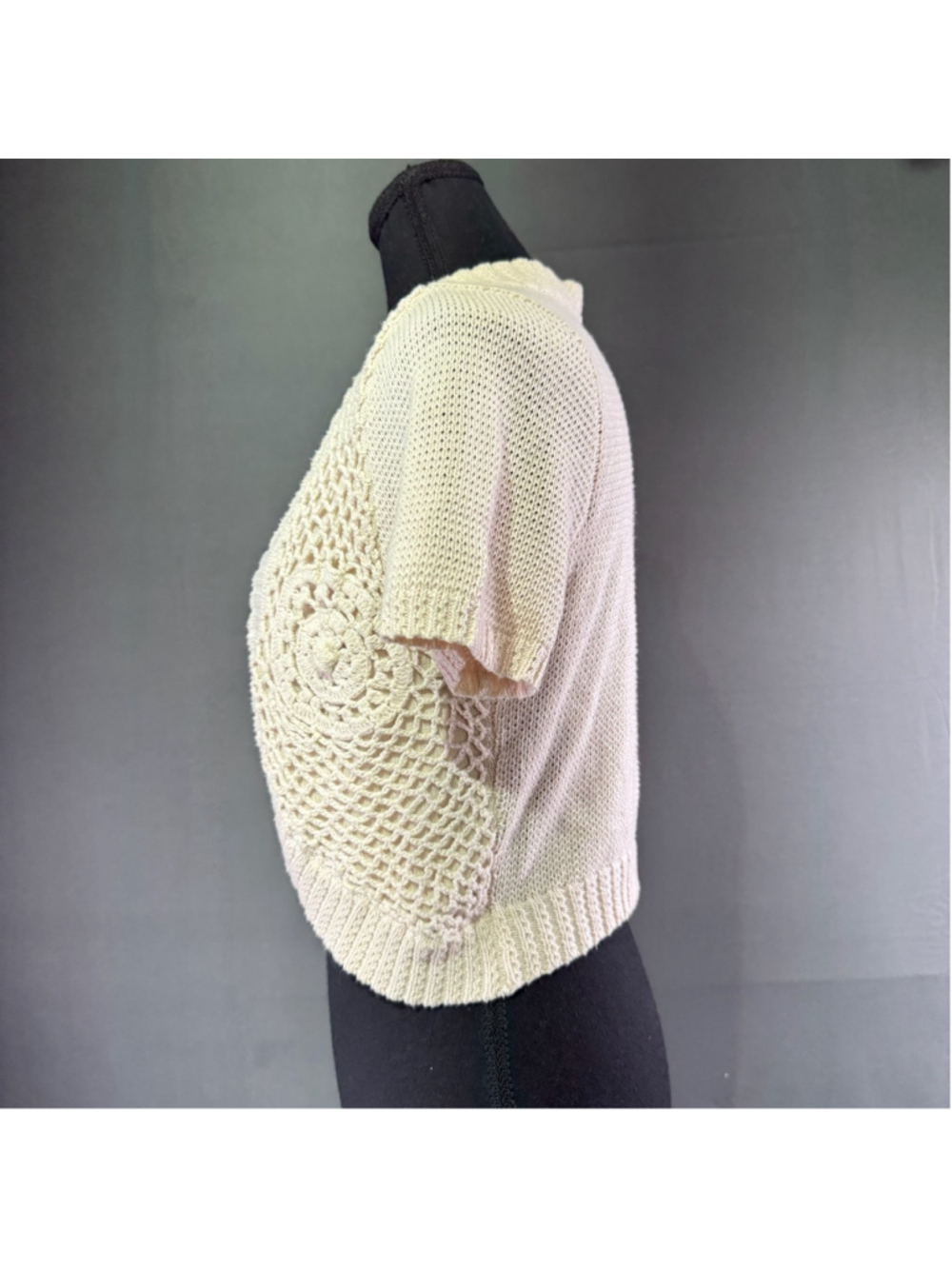 Anna Sui Cardigan Womens S Crochet Boho Bolero Cottagecore Y2K Open Knit Ivory - Picture 3 of 13